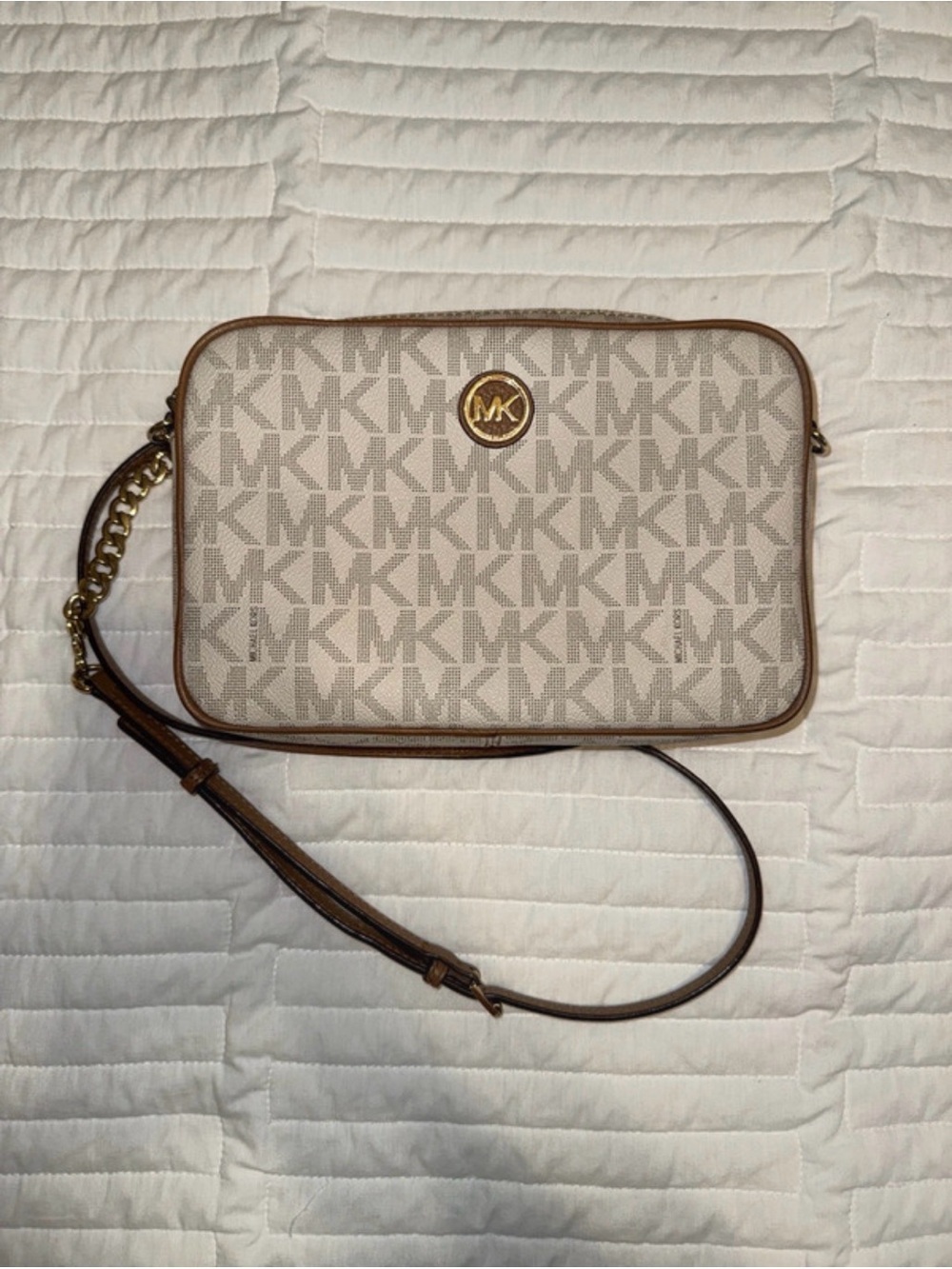 Michael Kors Beige Logo Crossbody with Brown Trim and Gold Hardware